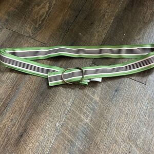 J. Crew Pink/ Green Striped Grosgrain‎ Ribbon D-Ring Belt M/L  Brass Hardware
